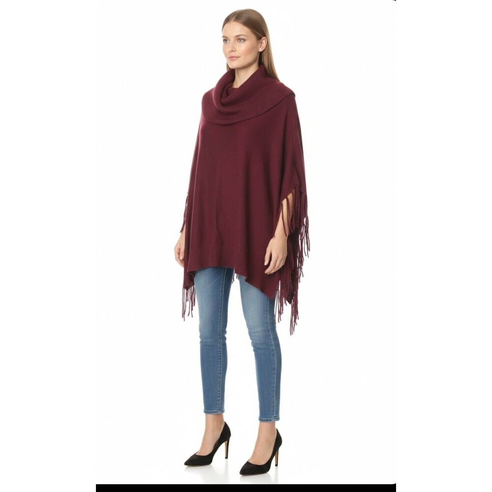 ​Michael Kors Large Burgundy Cowl Neck Fringe Knit Poncho Sweater Top Size L
